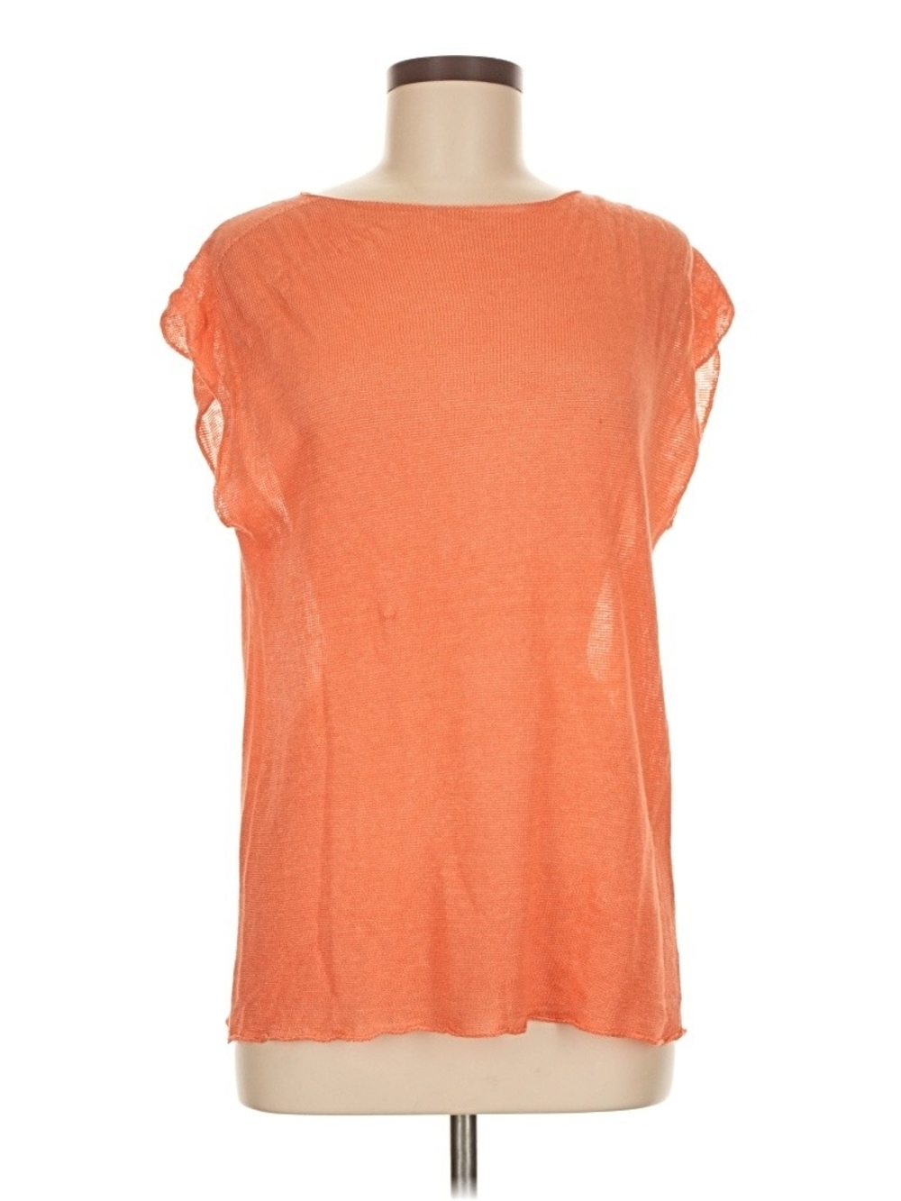 120% Lino Coral Orange 100% Linen Knit Cap Sleeve Top Blouse S-M